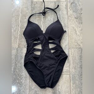 Kenneth Cole Cutout Halter One Piece Black Swimsuit